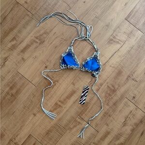 Neoprene Blue Triangle Bikini Top with Gray/Taupe Ivory Braided Trim